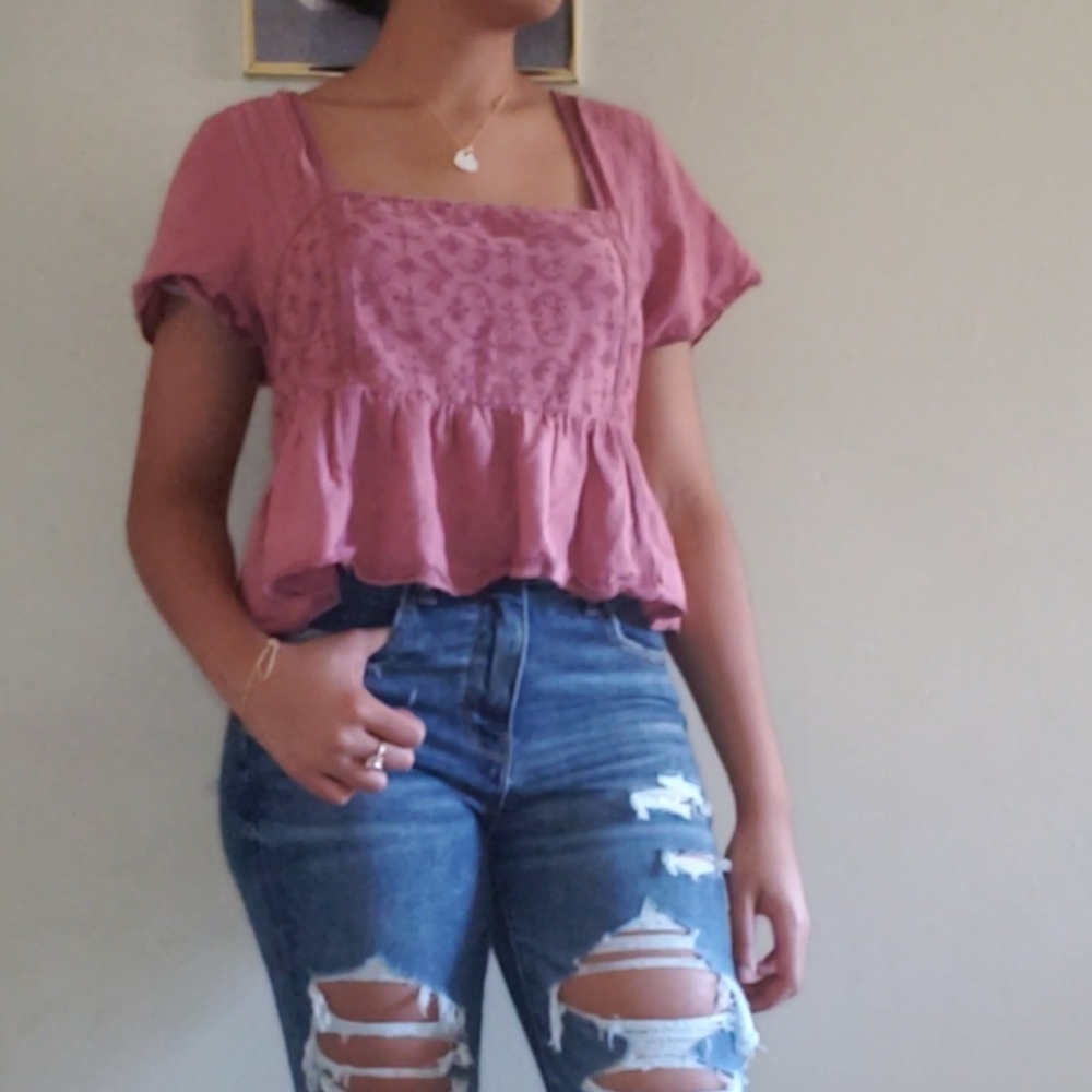 (32)AEO Dusty Mauve Pink Baby Doll Top Size Large (EUC)